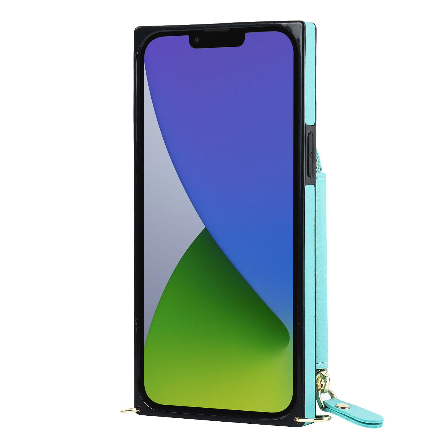 iPhone 14 Necklace Leder Schutz Hülle mit Kartenfächer   Handykette (140cm) - Türkis