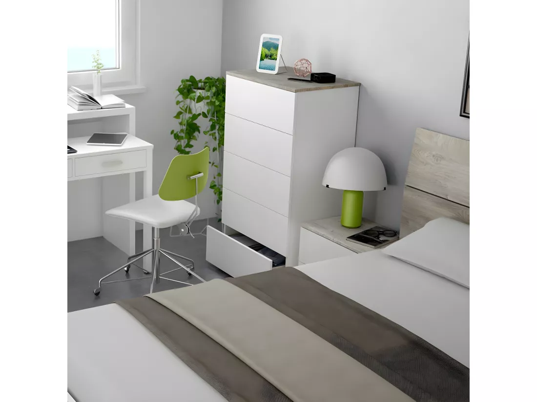 Commode avec 5 Tiroirs coloris blanc artic / Alaska chêne à nœuds - Hauteur 109 x Longueur 61 x Profondeur 40 cm