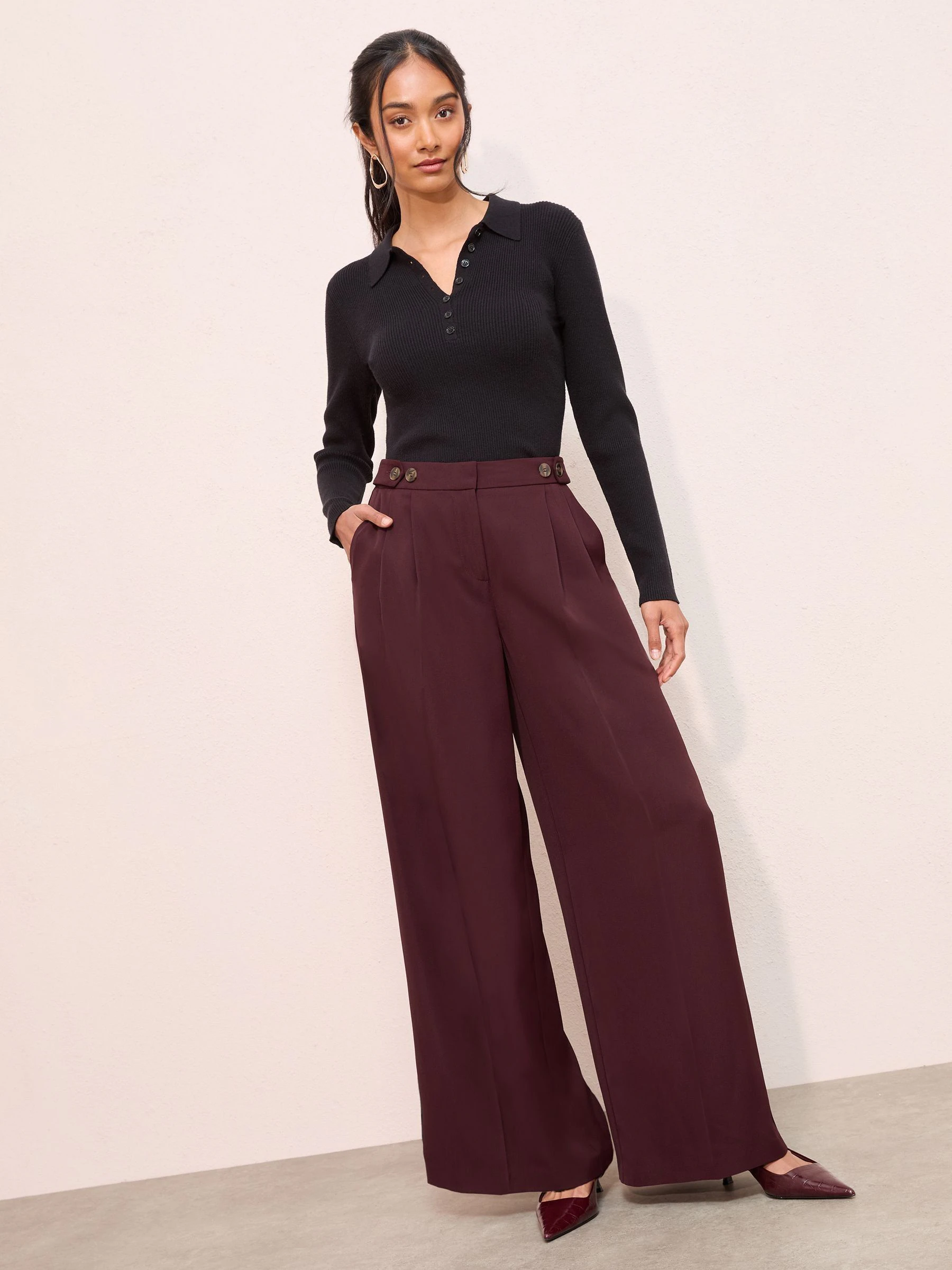 Bordeauxrood - Friends Like These Adjustable Waist Premium Wide Leg Trousers