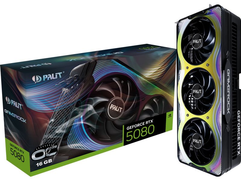Palit Grafikkarte RTX 5080 GameRock OC 16 GB Gamer-Grafikkarte mit 16 GB GDDR7-Speicher, ermöglicht Auflösungen bis zu 8k