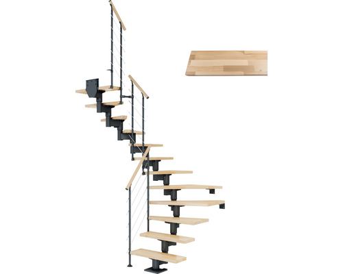 Pertura Chiron middentrap, antraciet, halve draai, 75 cm, beukenhouten leuning, gelakt, 11 treden / 12 stootborden