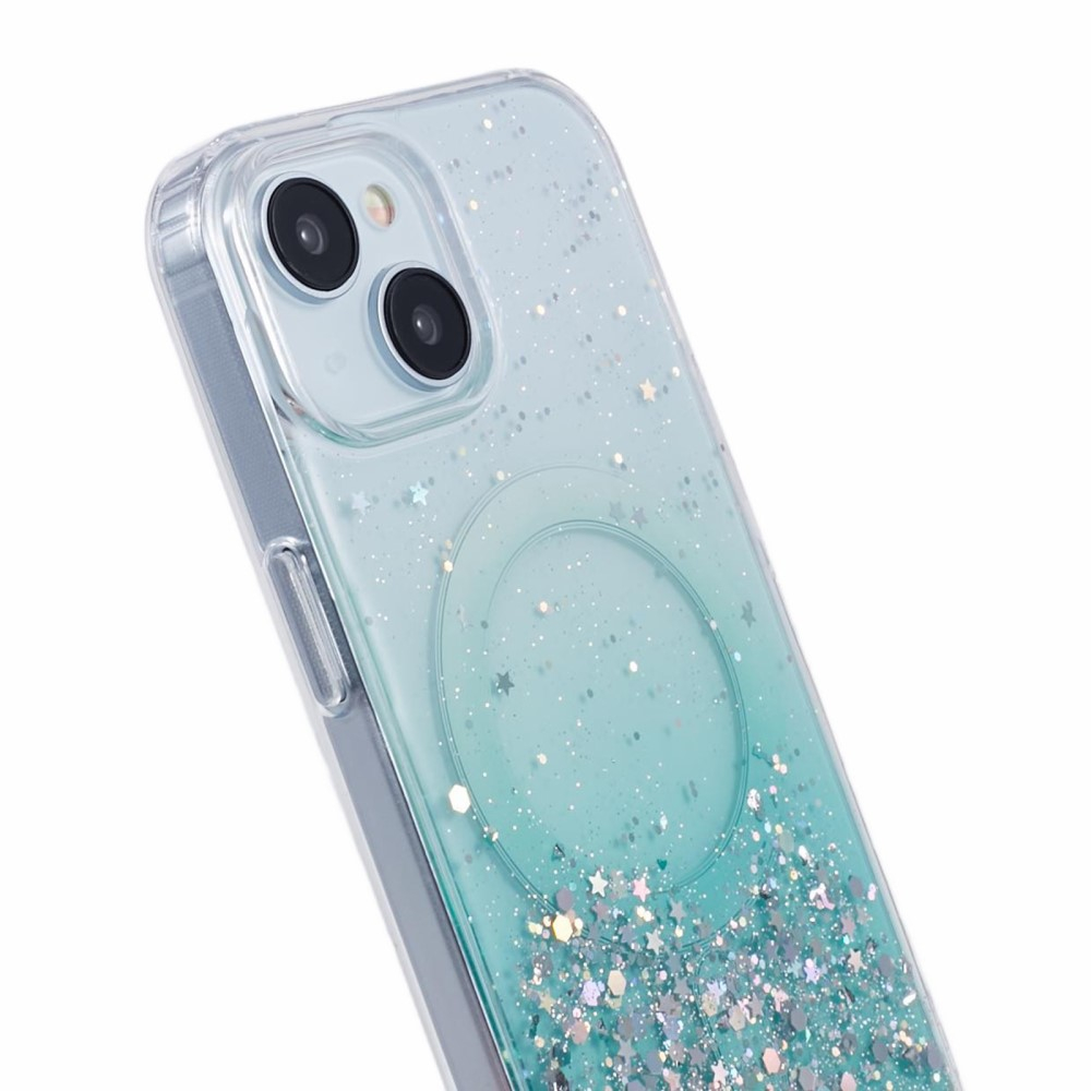 iPhone 15 MagSafe Hülle mit Acryl Rückseite und Farbverlauf im Glitzer Design - Türkis
