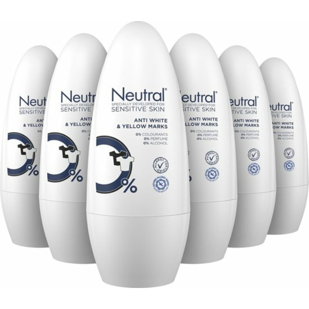 6x Neutral Deodorant Roll-On 0% Anti White&Yellow Marks 50 ml