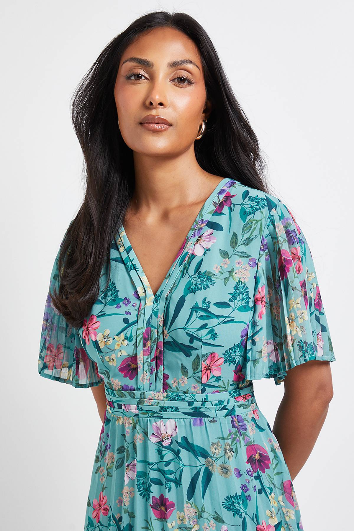 Wallis Robe Midi Petite en Mousseline Florale à Manches Plissées