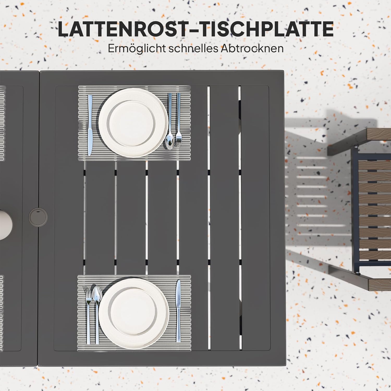 Outsunny Gartentisch 150x90cm, Wetterfest Balkontisch aus Stahl, Balkontisch mit Schirmloch Lamellendesign Outdoor Campingtisch Beistelltisch, rechteckig Terrassentisch für Garten Balkon Schwarz