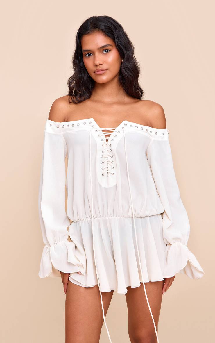 Crème Combishort Fluide Bardot En Mousseline À Manches Longues