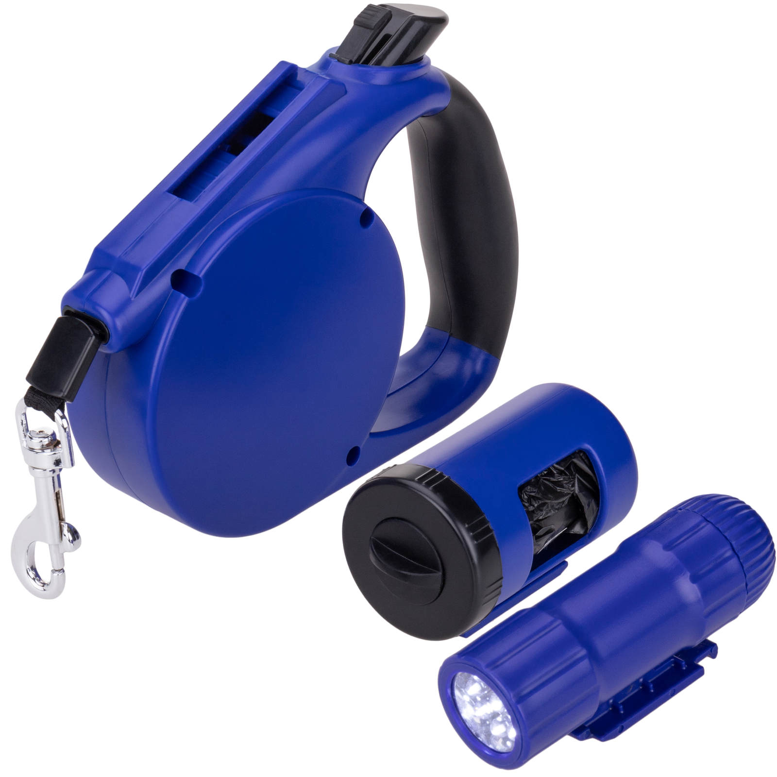Guia extensível azul para animais de estimação com dispensador de sacos.