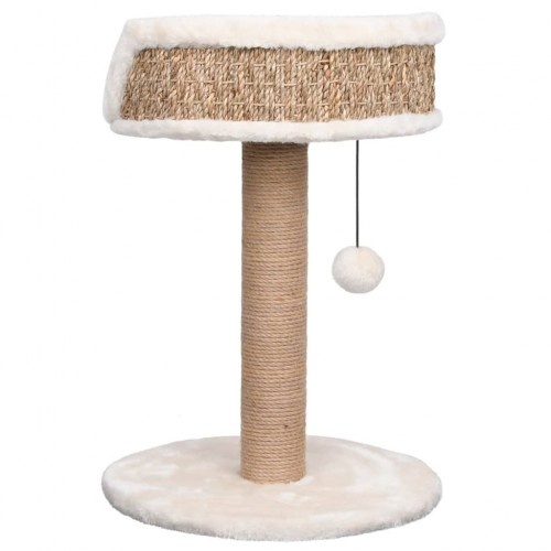 Arranhador bege para gatos com brinquedo e plataforma.