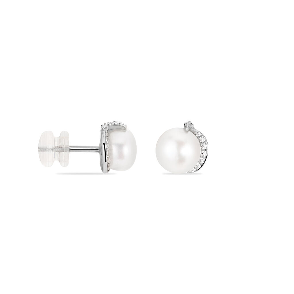 Boucles D'oreilles Puces Lucinda Or Blanc Perle De Culture Et Oxyde