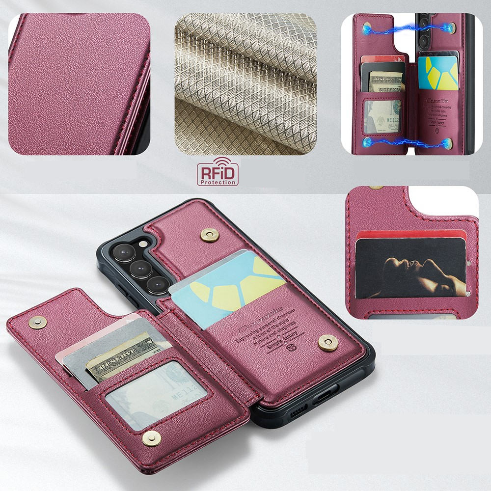 Samsung Galaxy S23 5G Leder Hülle mit Kartenfächern im Litchi Look   Kickstand (RFID Schutz) - Rot
