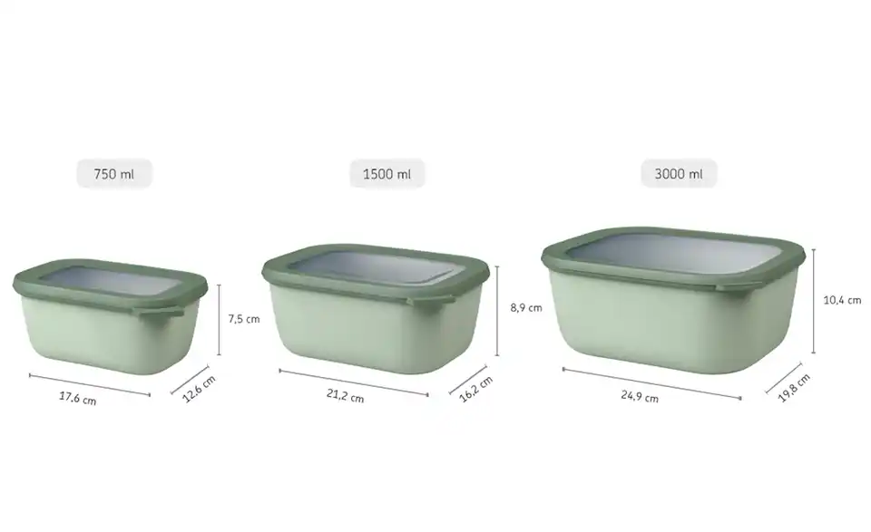 Mepal Multischüssel-Set, 3-teilig Cirqula Olivgrün Je 1 Schüssel 0,5l, 1,5l und 3,0l Rechteckig