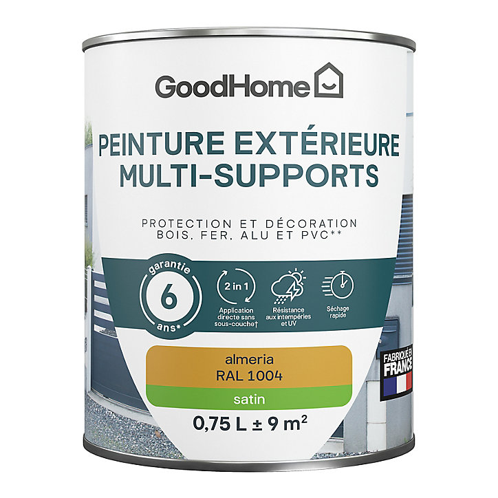 Peinture extérieure multi-supports GoodHome Almeria jaune RAL 1004 0,75L