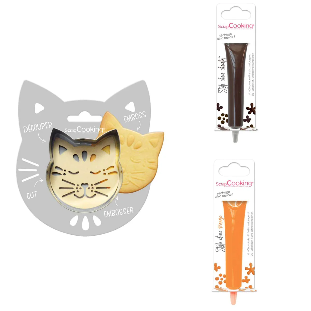 Kit pour biscuit en relief Chat + 2 Stylos au chocolat marron et orang