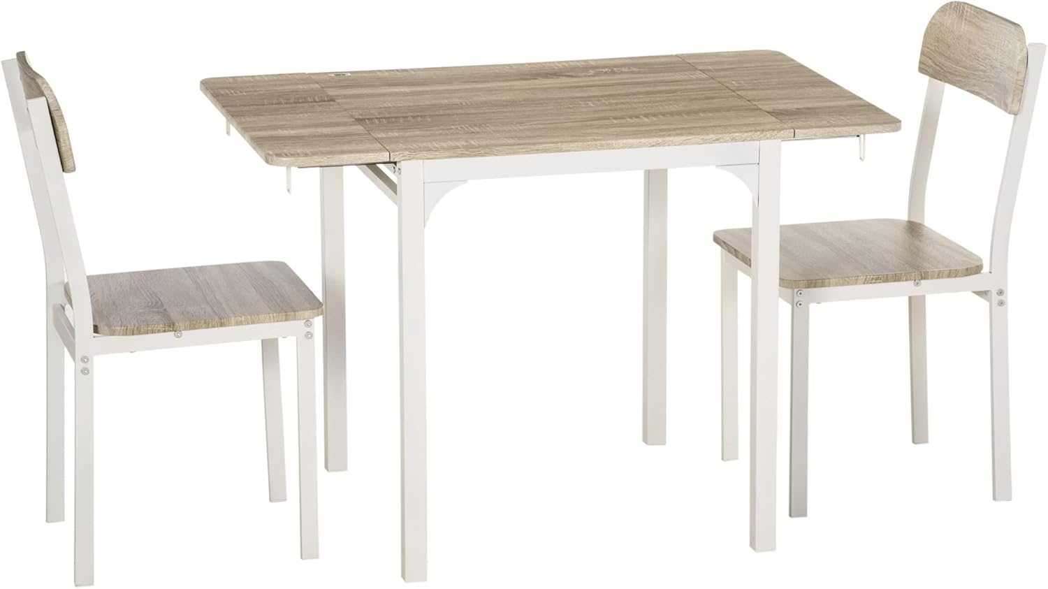 HOMCOM 3 TLG Esszimmergruppe Essgruppe mit 2 Stühlen und 1 Tisch Esstisch Set mit Klappbarer Tischplatte für Küche kleine Raume Stahl MDF Natur+Weiß 110 x 70 x 75 cm