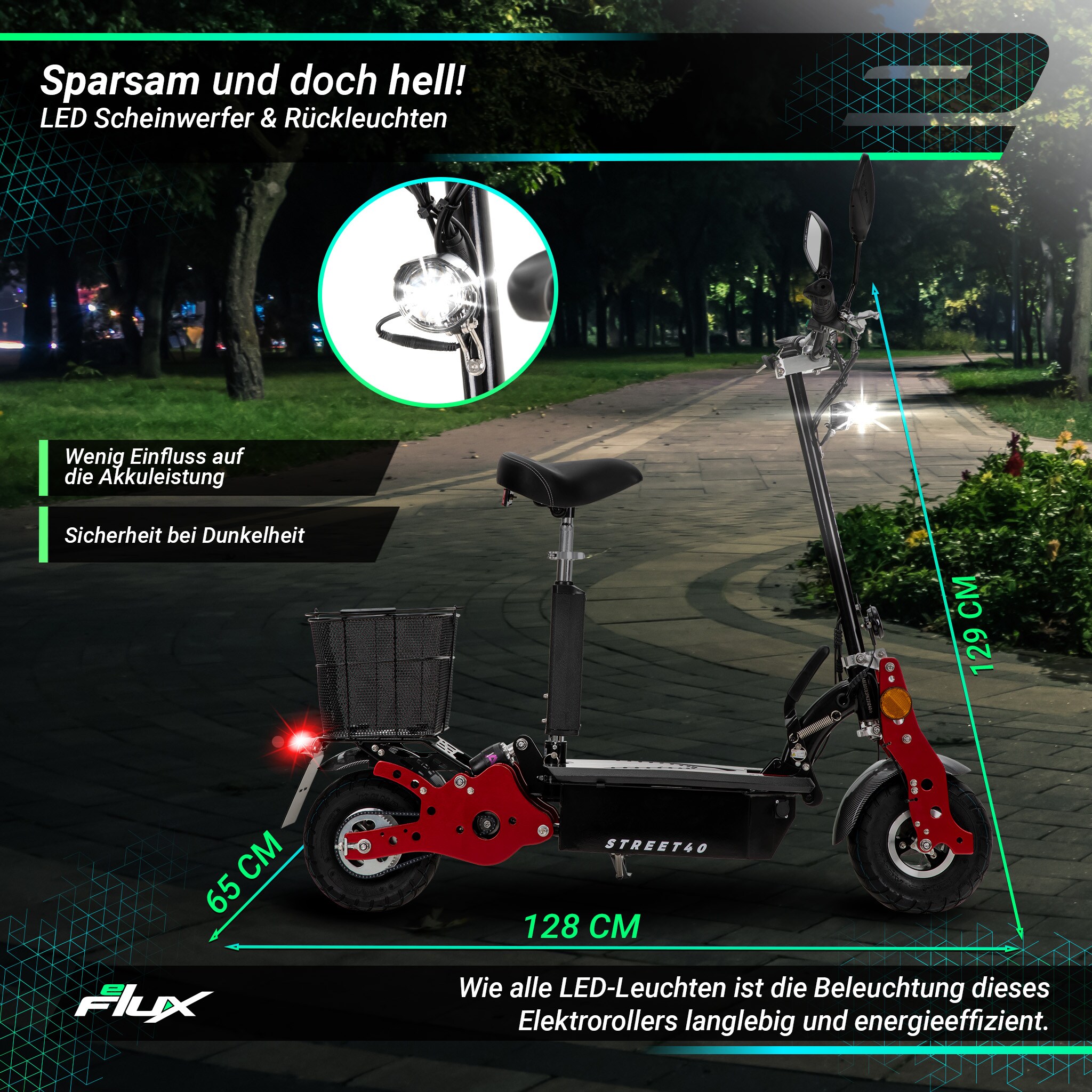 eFlux Street 40, E-Scooter mit Straßenzulassung, 35 km/h, 800 Watt, mit Sitz, Gepäck-Korb, klappbar (Schwarz)