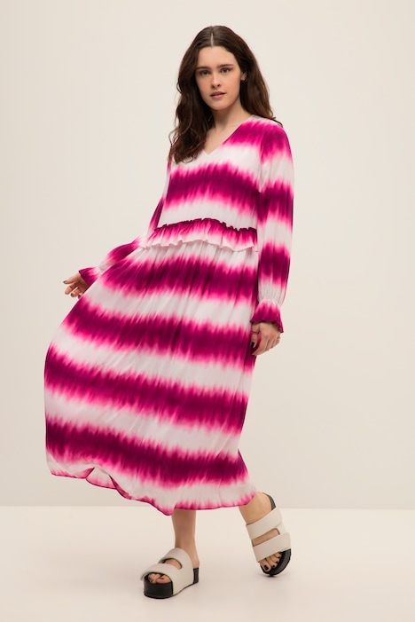 Maxikleid, A-Line, V-Ausschnitt, Rüsche, 3/4-Ärmel, BAtik