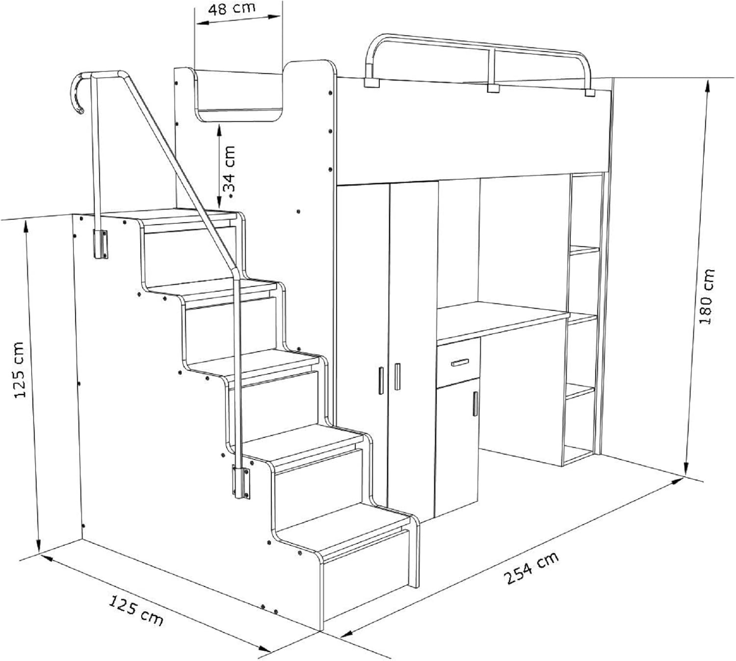 Hochbett JSM-4 90x200 mit Kleiderschrank Schreibtisch und Treppe Hochglanz Kinderbetten Funktionsbett Etagenbett Stockbett Kinderhochbett Jugendhochbett (Weiß Glanz)