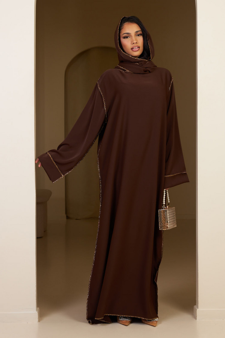 Abaya marron avec voile intégré à couture dorée
