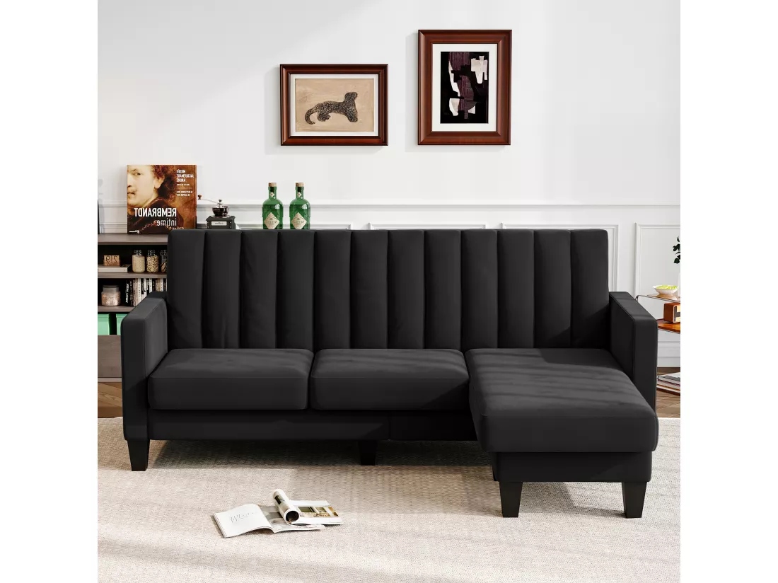 Canapé d'angle 3/4 places réversible en tissu noir - méridienne ou pouf - rayures verticales - 208x76x85cm