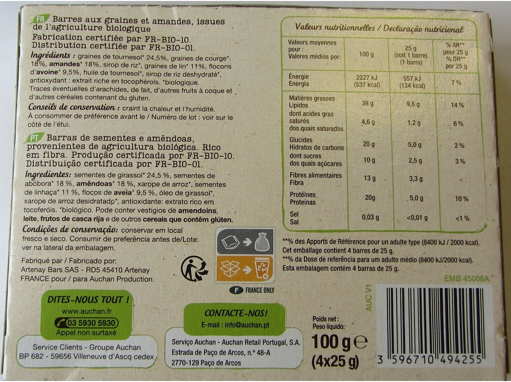 BARRA AUCHAN BIO SEMENTES E AMÊNDOAS 100G 4X25G