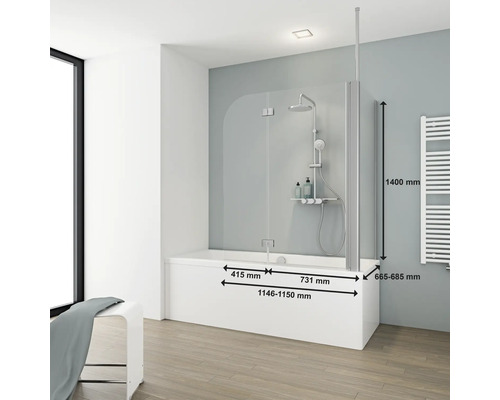 Tweedelige badwand met zijpaneel SCHULTE Komfort ExpressPlus 114,6 x 140 cm helder glasprofiel kleur aluminium EP3380 01 50 140