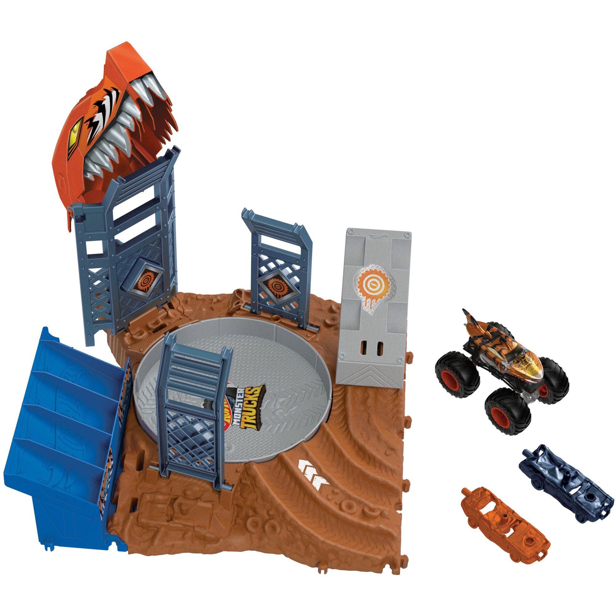 Mattel Rennbahn Monster Trucks Arena World: Semi-Finals Asst - Tiger Shark's Spin Out Frenzy