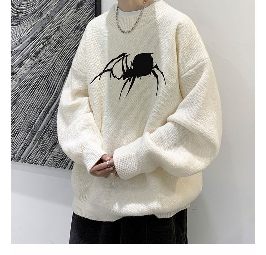 POSI - Oversized trui met ronde hals en spinnenprint