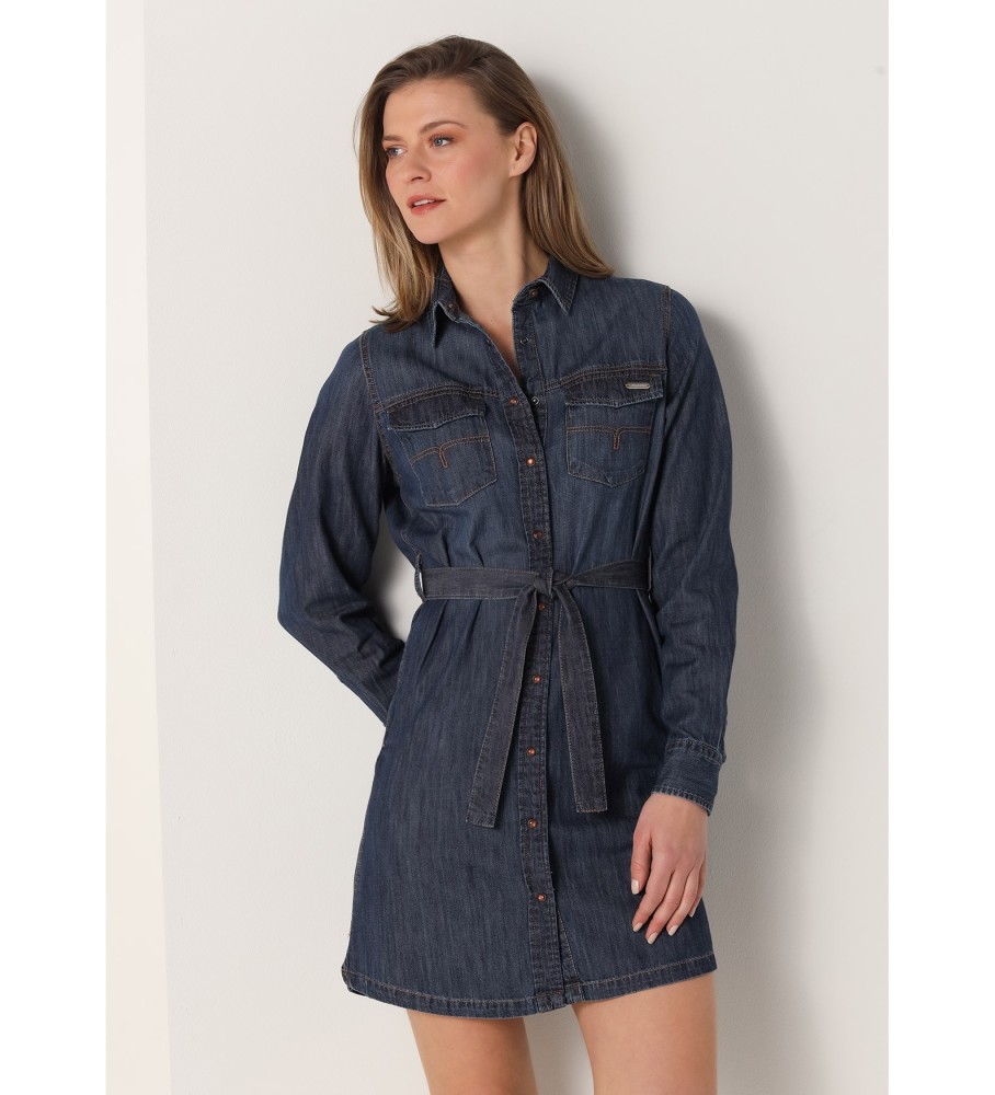 Vestido jeans curto Lois com cinto azul-marinho