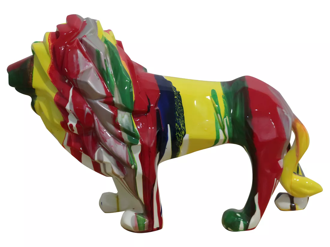 Statue lion géométrique avec coulures multicolores H32 cm - SCAR