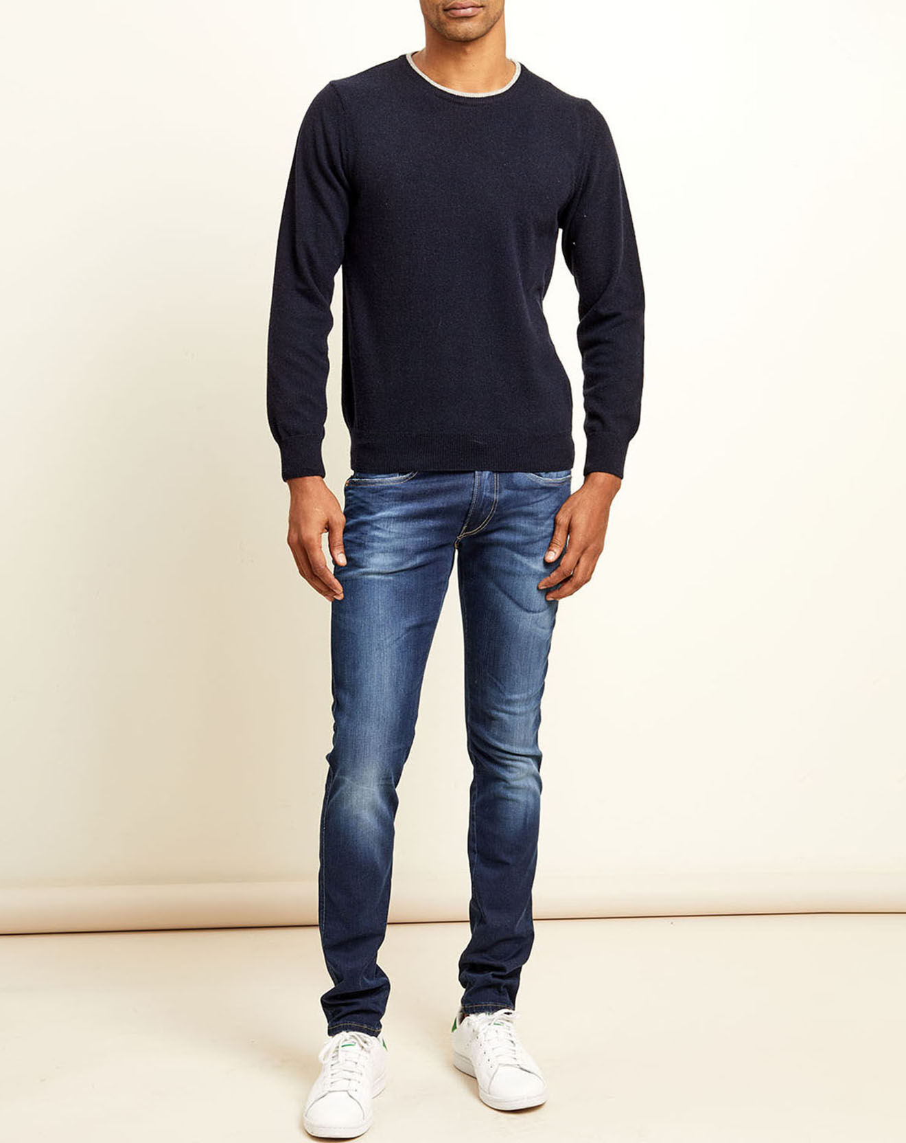 Uverny Pull 100% Cachemire col rond marine/gris