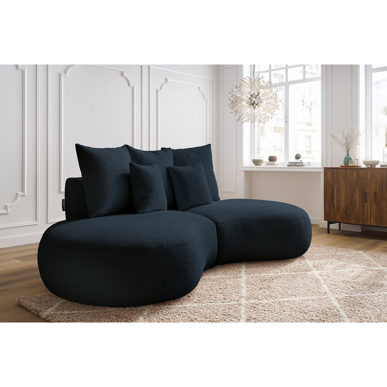 Bobochic Canapé droit fixe 3 places saint-germain tissu bouclette bleu foncé - 260x145x92 cm