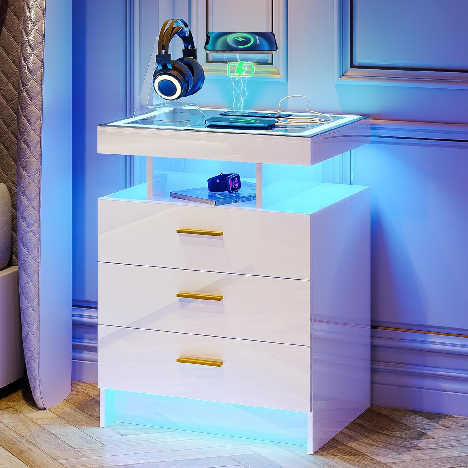 Lvifur Led Nachttisch mit Ladefunktion,Smart Nachtschrank mit 3 Licht Dimmbar, Hochglanz Sideboard mit 3 Schubladen USB Type-C Automatischer Sensor Schlafzimmer Weiß