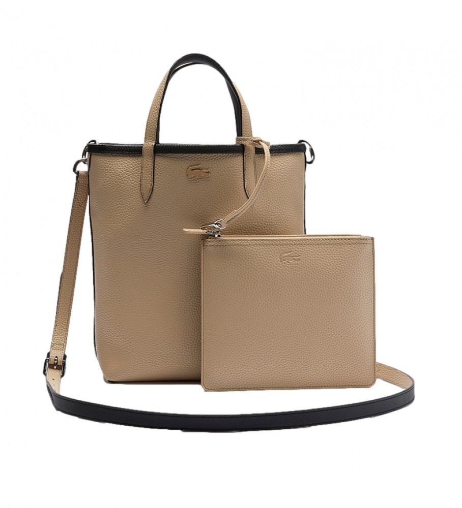 Bolsa tote reversível Lacoste NF2991AA preta e bege - 29 x 22 x 10 cm