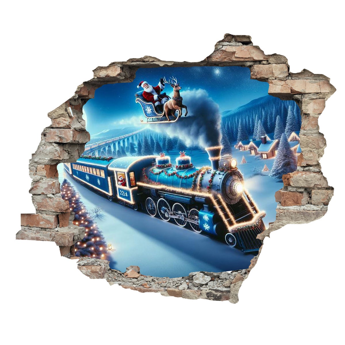 3D muursticker zelfklevende sticker Kerstman op een trein WS16025_60x50 cm Kerst wanddecoratie