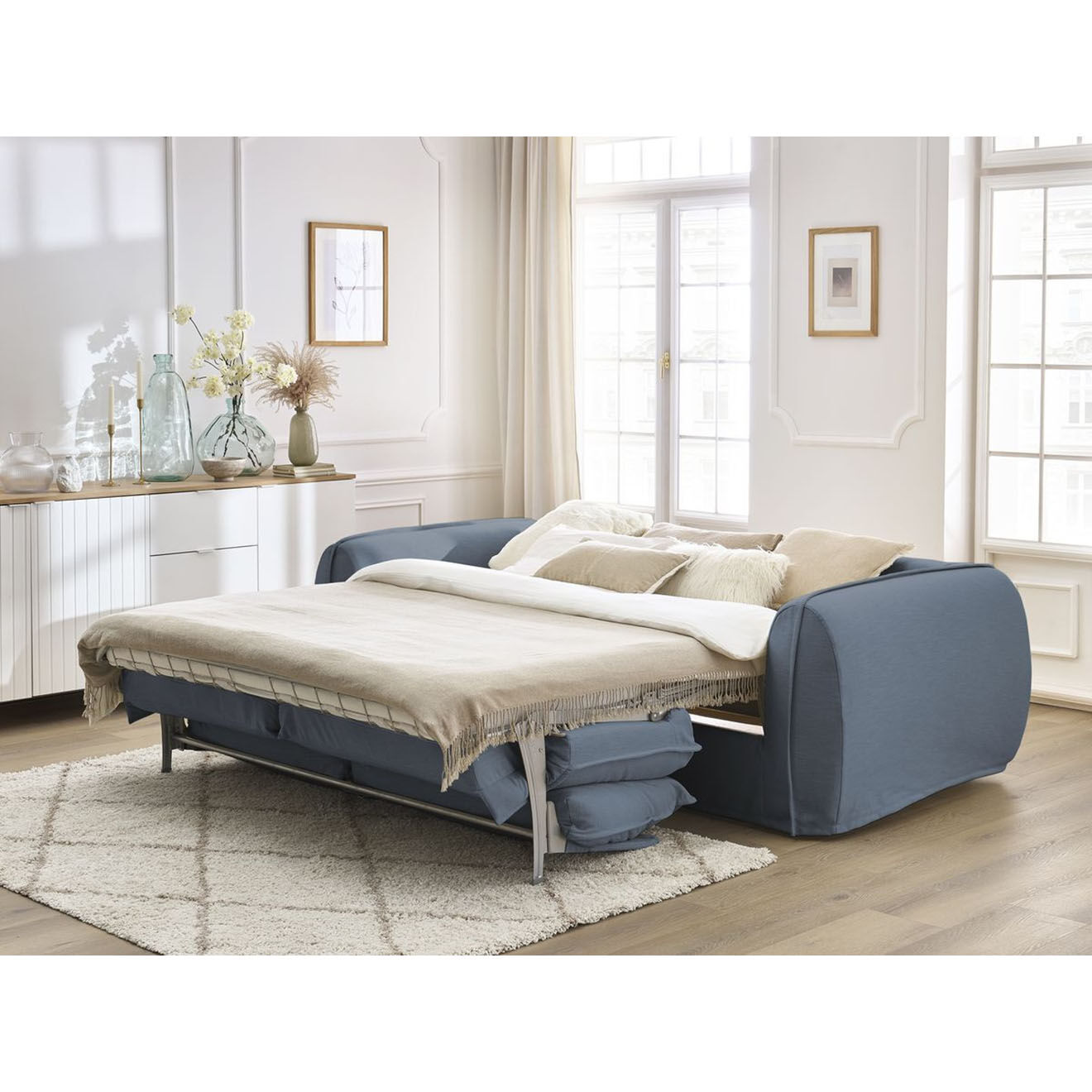 Bobochic Canapé droit convertible express 3 places Archimède 160 bleu foncé - 236x106x93 cm