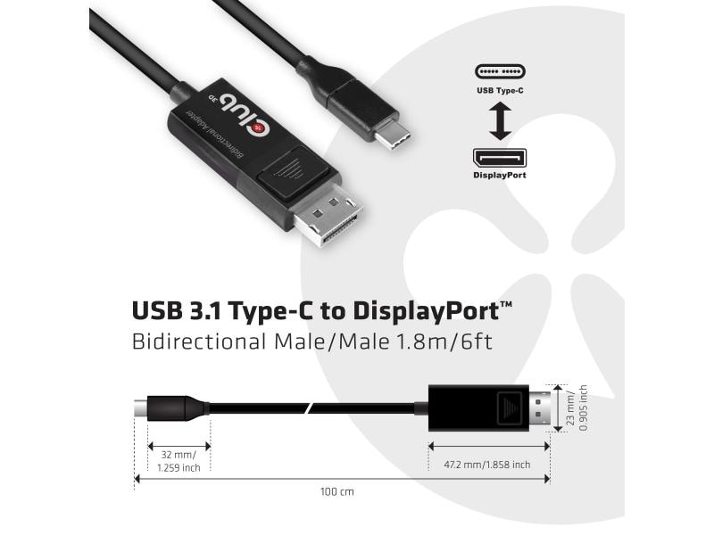Club 3D Adapter USB Type C Kabel auf DP 1.4 8K60Hz USB Typ Cauf DisplayPort 1.4 Kabel 8K60Hz, Bidirektional