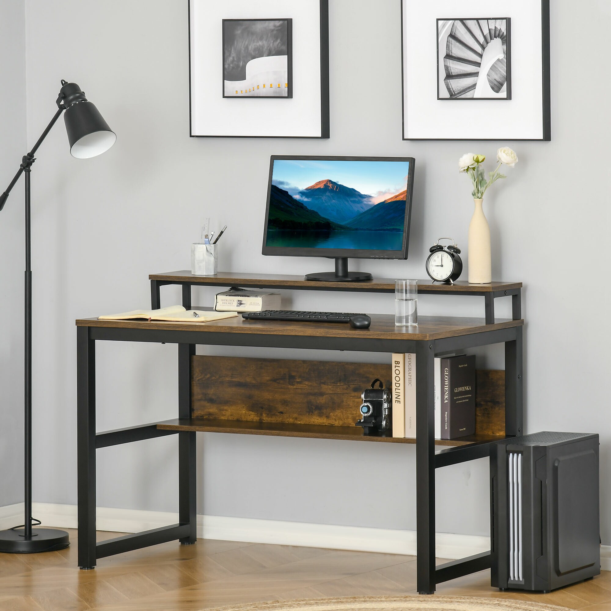 HOMCOM Schreibtisch mit erhöhtem Monitorständer bunt 120L x 60B x 85H cm