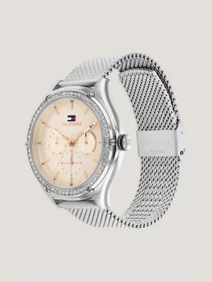 Relógio com pulseira de malha e aro de cristal