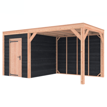Tuinhuis met overkapping Douglas hout Zweeds rabat onbehandeld zwart 495 x 255 cm