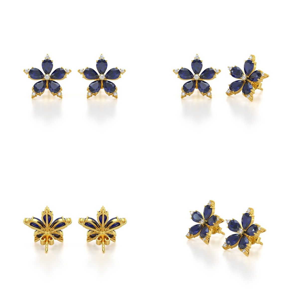 Boucles d'oreilles ADEN Or 585 Jaune Fleur Saphir 4.52grs