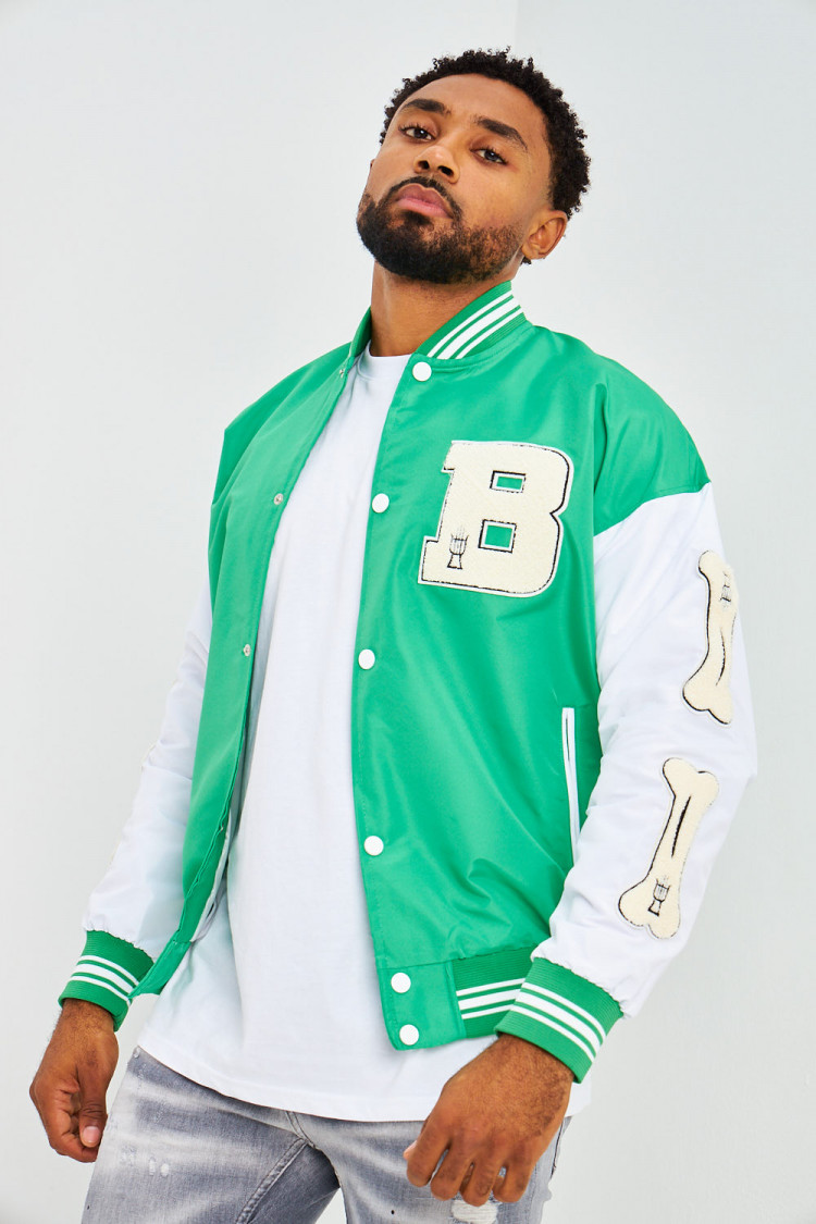 Bomber vert à manches blanches brodé 