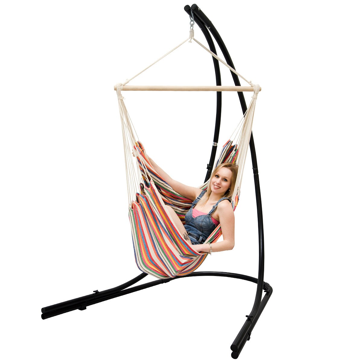 Freistehendes Stahl-Hängestuhlgestell 210cm inkl. XXL Hängesessel aus Baumwolle mit Swivel 185x130cm