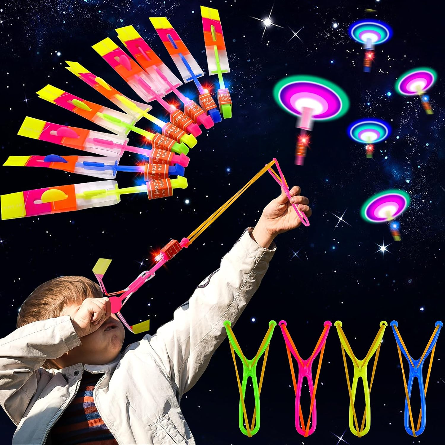 (13cm) Fliegendes Kinder Spielzeug Wurf Schleuder Spiel Raketen Katapult Licht mit LED Beleuchtung (inkl. LR41 Batterien) - Assortiert