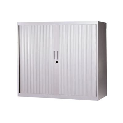 Armoire basse à rideaux - L120 x H105 x P43 cm - 2 tablettes - gris clair