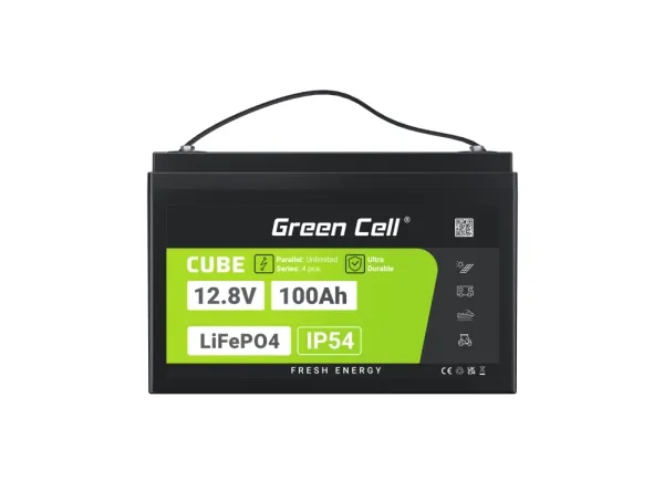 Green Cell LFPGC12V100AH, Lithium jern fosfat (LiFePO4), 12,8 V, Sort, Grøn, 100 At, 1280 Wh, 10 År