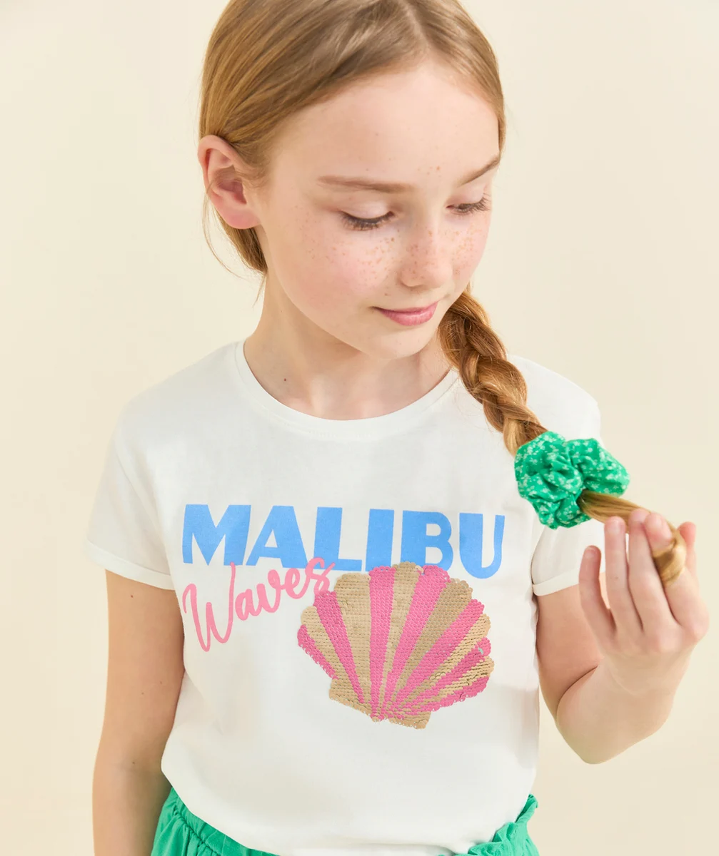 t-shirt manches courtes fille en coton bio blanc motif malibu