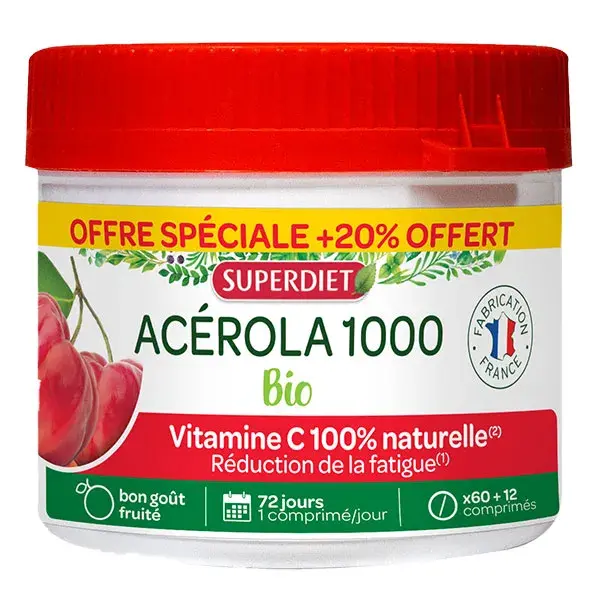 Superdiet Acerola Vitamina C 1000 Orgânica - 60 comprimidos + 12 grátis