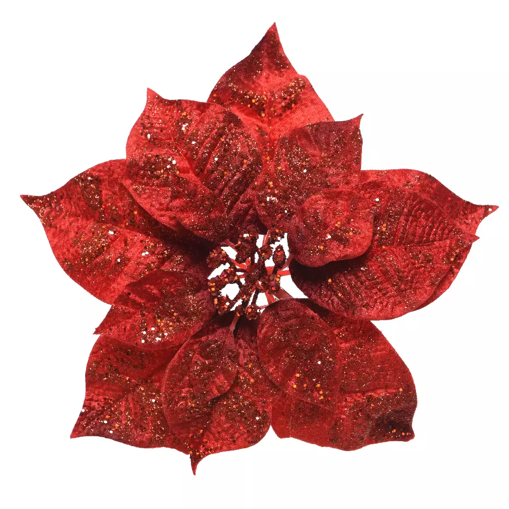 Poinsettia de Noël pailletée sur clip (D26 cm) Glit Rouge