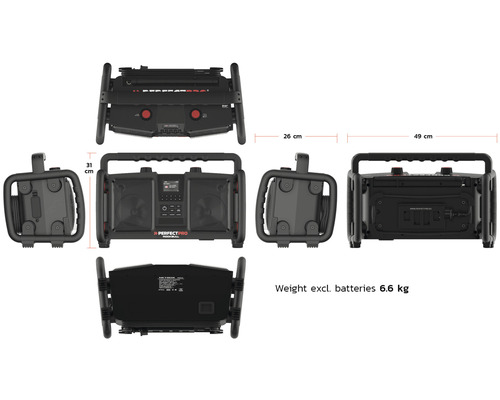 PerfectPro ROCKBULL bouwplaatsradio met DAB+ en FM-ontvangst, Bluetooth, AUX- en USB-ingang, inclusief oplader en geïntegreerde lithium-ionbatterij, 11,1 V 230 V, IP65