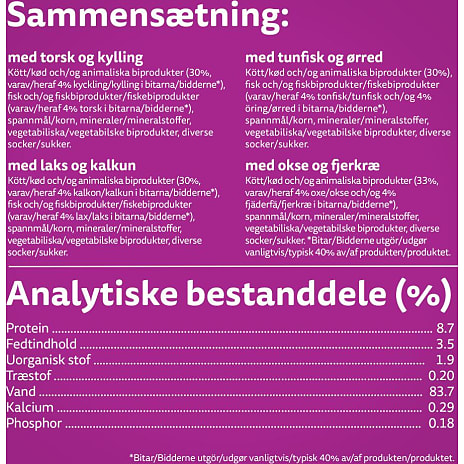 Vådfoder m. torsk/kylling, laks/kalkun, tun/ørred og okse/fjerkræ